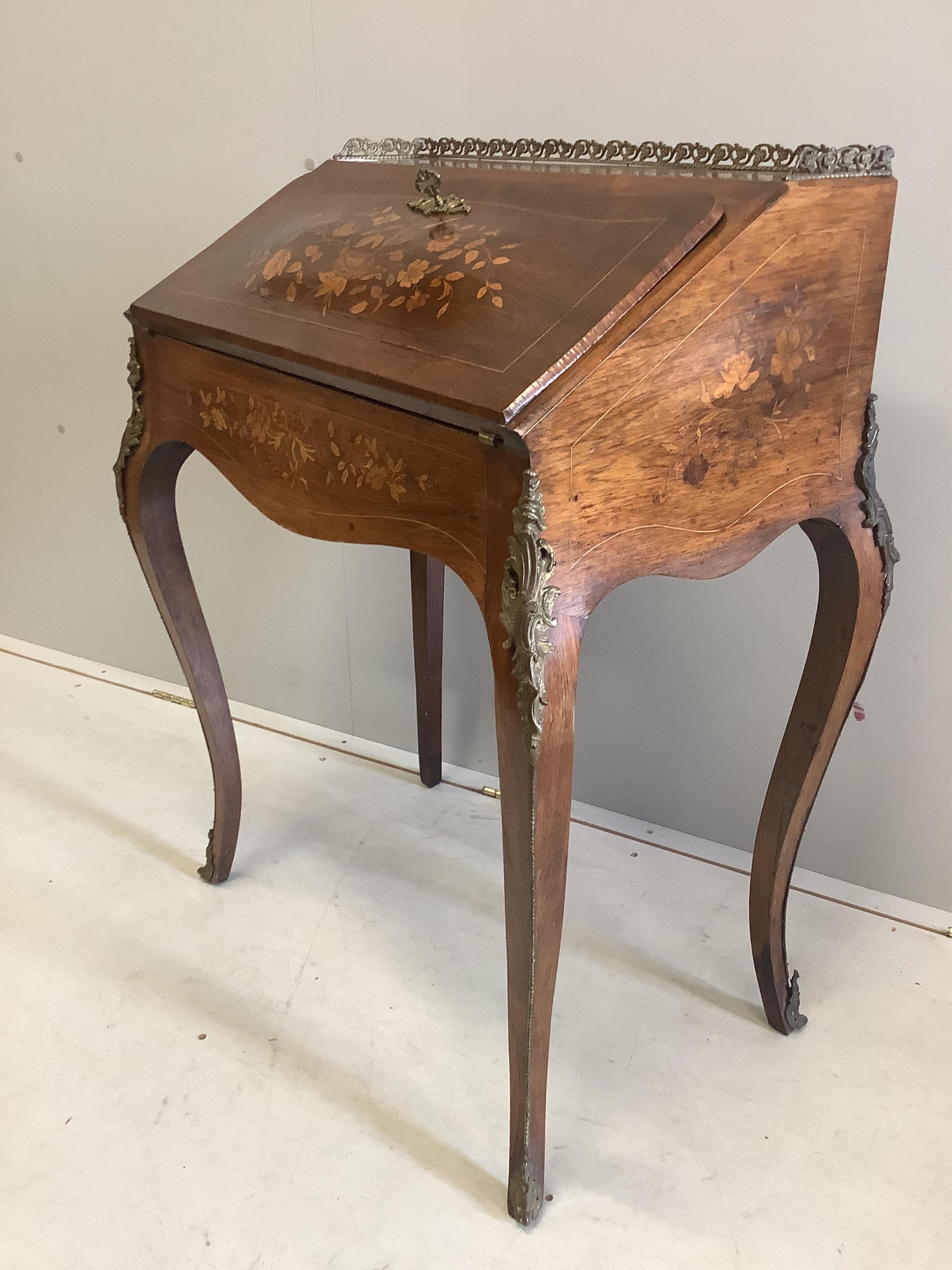 A Louis XV style rosewood and floral marquetry bureau de dame, width 79cm, depth 46cm, height 93cm